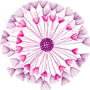 Illustratie van pluisjes in 3 kleuren in een cirkel uit logo HelenHelpt